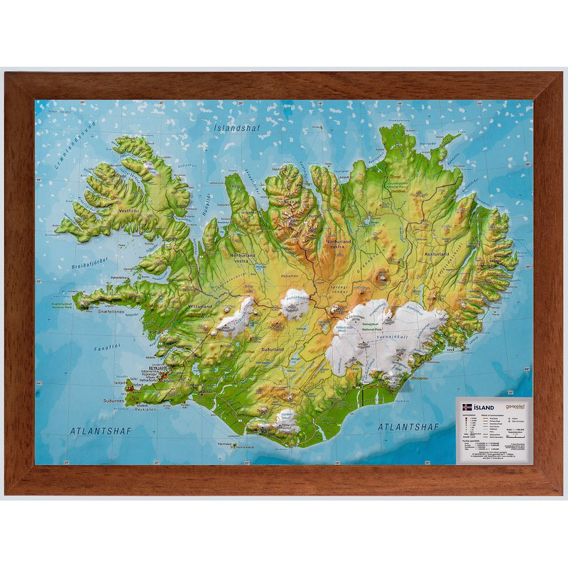 Georelief Mappa Island (klein) mit Holzrahmen, 3D Reliefkarte