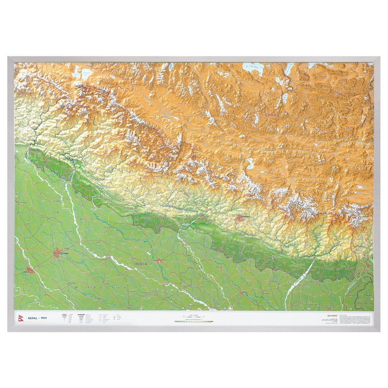 Georelief Mappa Regionale Nepal groß 3D mit Aluminiumrahmen