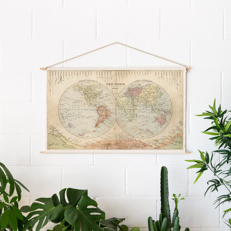 Miss Wood Mappa del Mondo Woody Cotton Map Rivers and Mountains