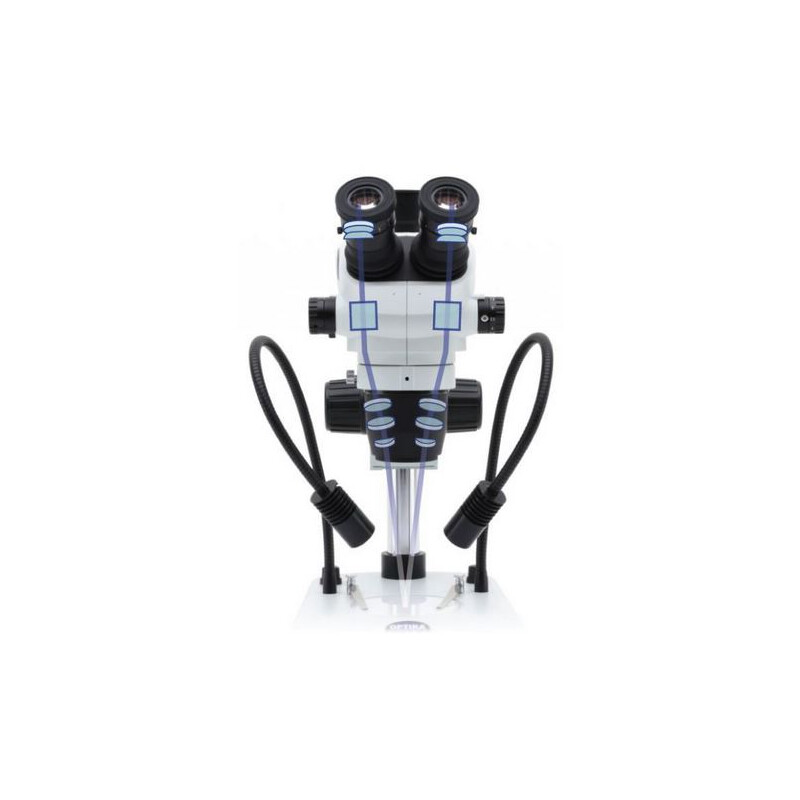Optika Microscopio stereo zoom SZO-3, binoculare, 6,7-45x, Colonna di sostegno, Luce incidente, Luce trasmessa
