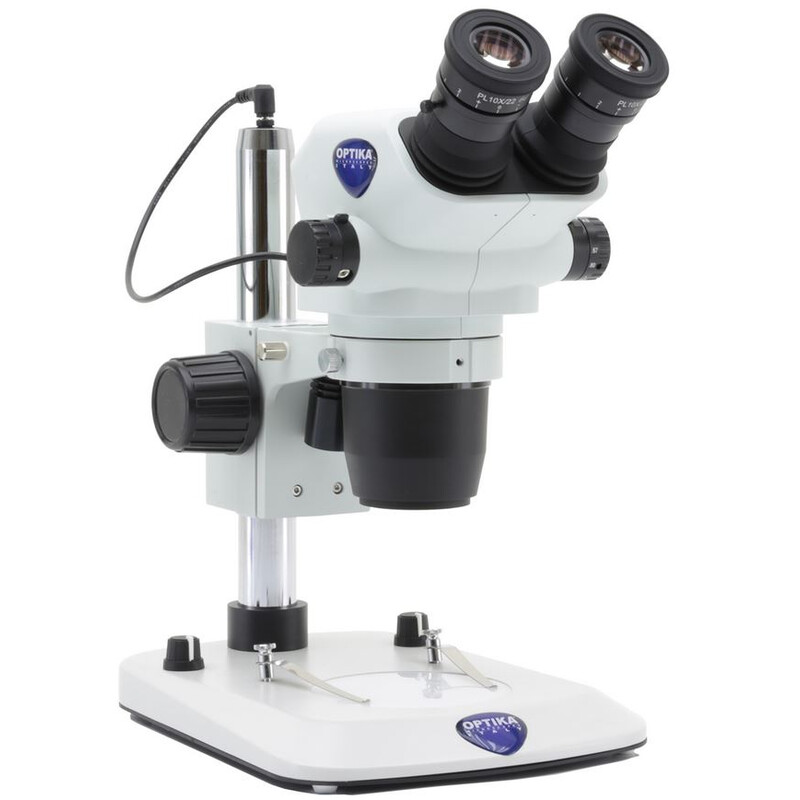 Optika Microscopio stereo zoom SZO-3, binoculare, 6,7-45x, Colonna di sostegno, Luce incidente, Luce trasmessa