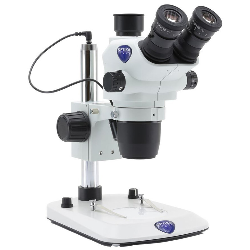 Optika Microscopio stereo zoom SZO-4, trino, 6.7-45x, Colonna di sostegno, Luce incidente, Luce trasmessa