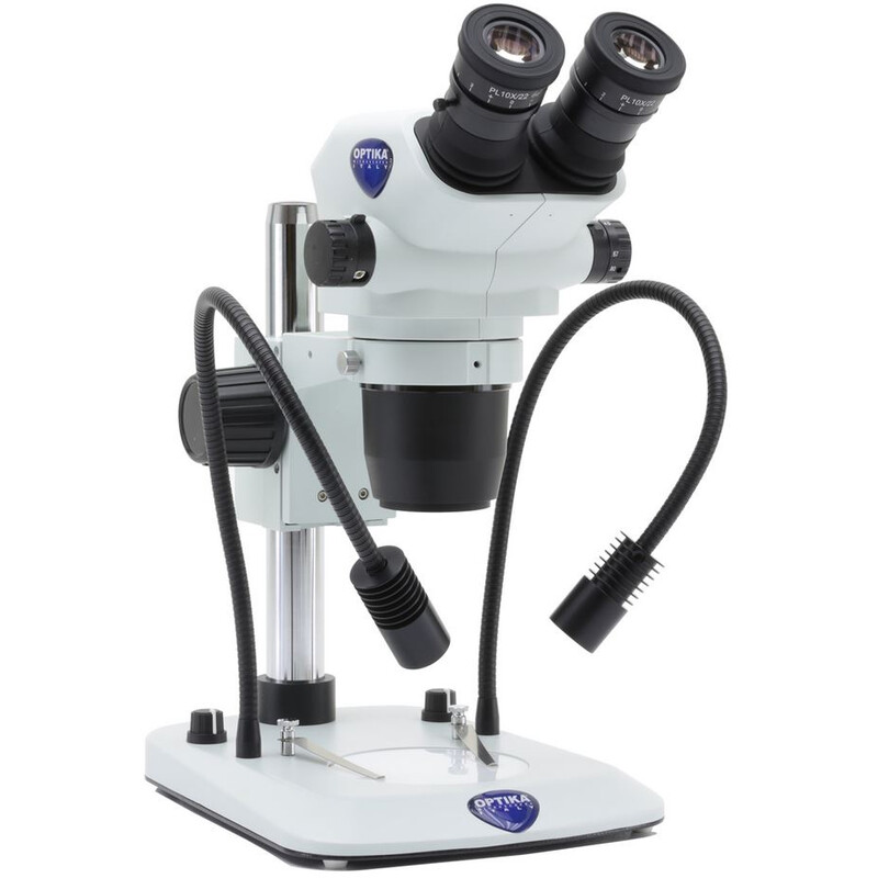 Optika Microscopio stereo zoom SZO-5 , bino, 6,7-45x, Colonna di sostegno, luce incidente e trasmessa, doppio faro