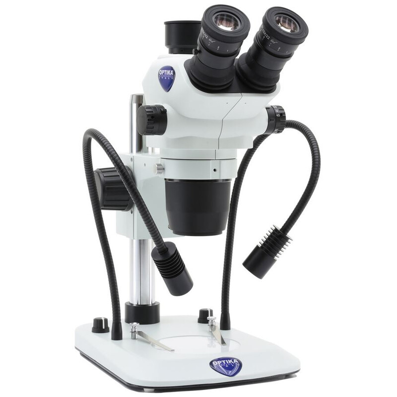 Optika Microscopio stereo zoom SZO-6 , trino, 6,7-45x, Colonna di sostegno, luce incidente e trasmessa, doppio faro