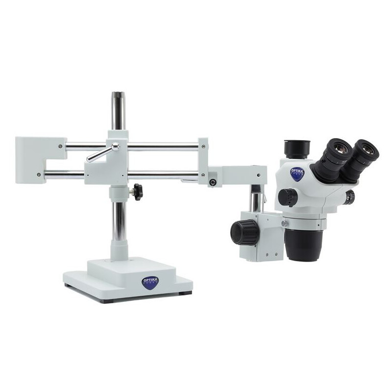 Optika Microscopio stereo zoom SZO-10, trino, 6,7-45x, a sbalzo, a 2 bracci, senza Iluminazione