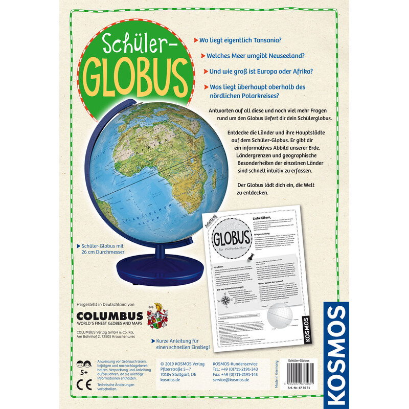 Kosmos Verlag Globo per Bambini Schülerglobus physisch 26cm