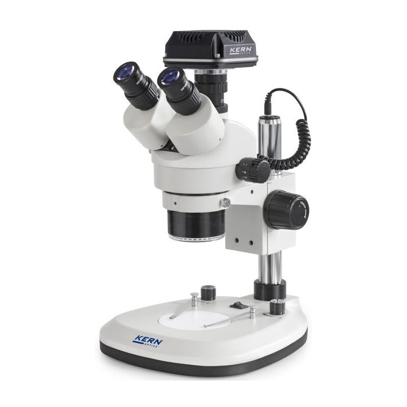 Kern Microscopio OZL 466C825, Greenough, Colonna, 7-45x, 10x/20, Luce trasmessa e trasmessa 3W LED, Anello, Fotocamera 5MP, USB 2.0