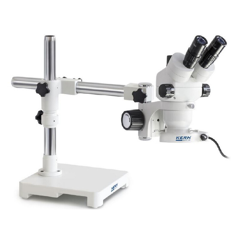 Kern Microscopio stereo zoom OZM 902, binoculare, 7x-45x, HSWF, treppiede, braccio singolo con piano d'appoggio, lampada ad anello LED 4,5 W