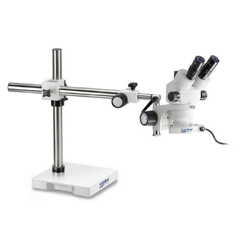 Kern Microscopio stereo zoom OZM 912, bino, 7x-45x, HSWF 10x23 mm, Cavalletto, Braccio singolo (430 mm x 385 mm) con piano d'appoggio, Lampade ad anello LED 4,5 W