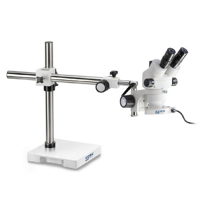 Kern Microscopio stereo zoom OZM 912, bino, 7x-45x, HSWF 10x23 mm, Stativ, Einarm (430 mm x 385 mm) m. Tischplatte, Ringlicht LED 4.5 W
