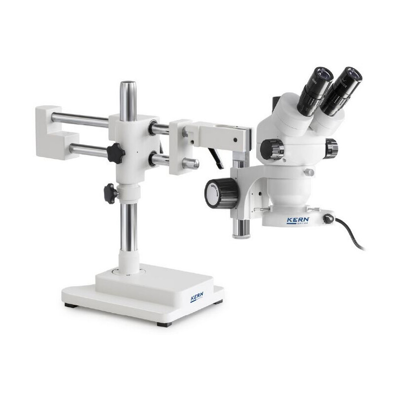 Kern Microscopio stereo zoom OZM 923, trino, 7-45x, HSWF 10x23 mm, Cavalletto a doppio braccio, 430x480 mm, con piano d'appoggio, Lampade ad anello LED 4,5 W