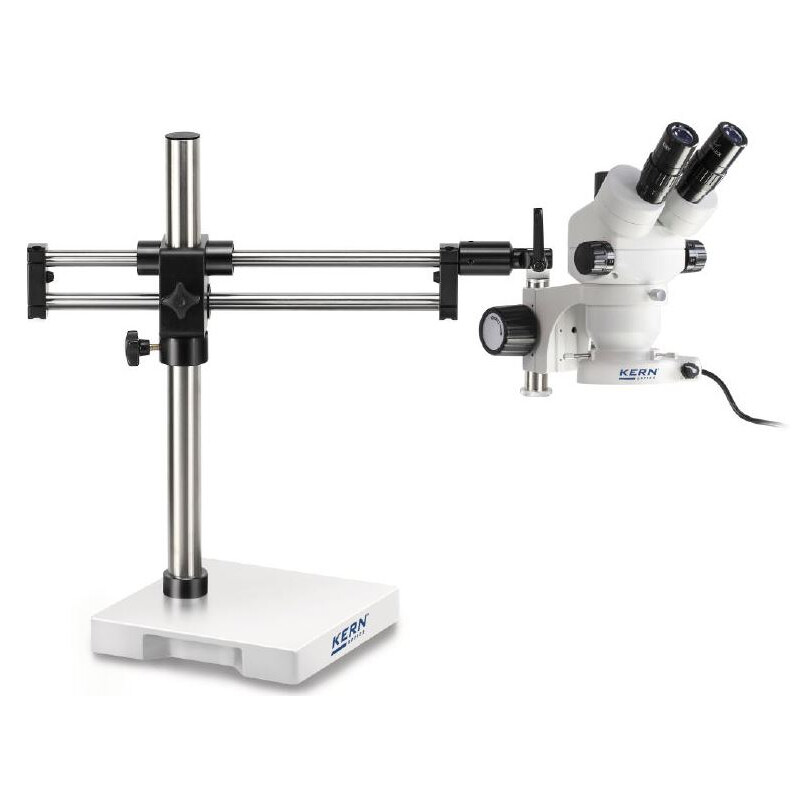 Kern Microscopio stereo zoom OZM 932, bino, 7-45x, HSWF 10x23 mm, Cavalletto a doppio braccio, 430x480 mm, con piano d'appoggio, Lampade ad anello LED 4,5 W