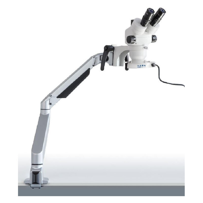 Kern Microscopio stereo zoom OZM 982, bino 7-45x, HSWF 10x23 mm, Gelenkarm-Stativ, Feder, Tischklemme, Ringlicht LED 4.5W