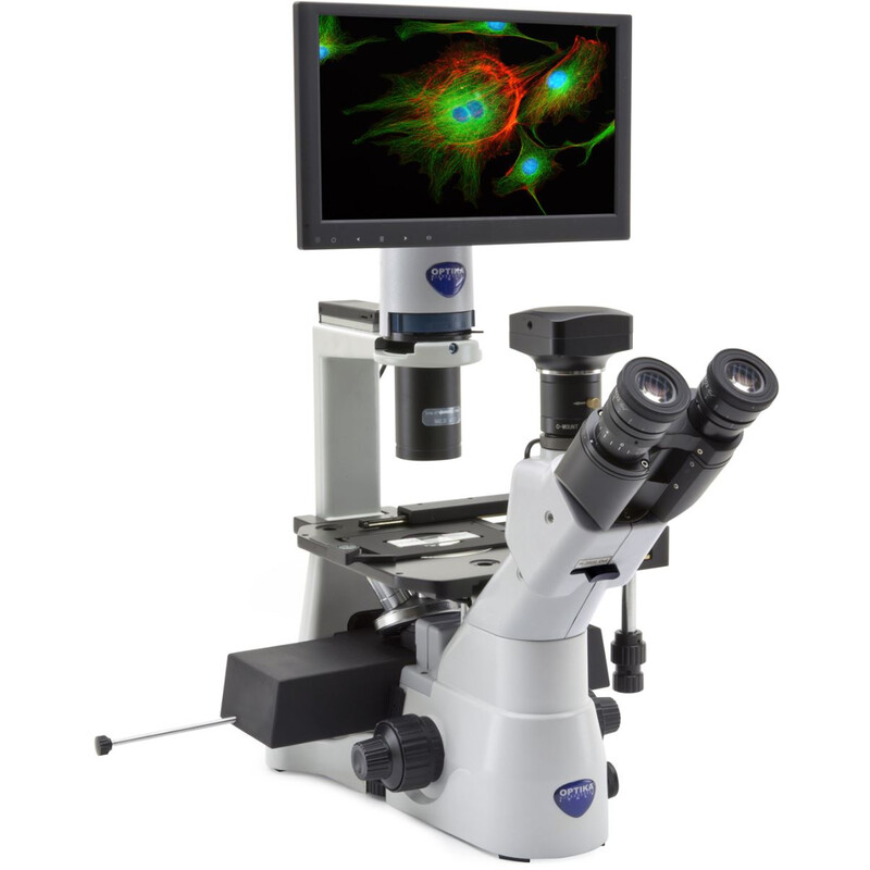 Optika Microscopio invertito IM-3LD4D, 6MP, Display 12", trino, IOS U-PLAN F, LED FLUO, LWD, 400x, 4 slot vuoti per filtri