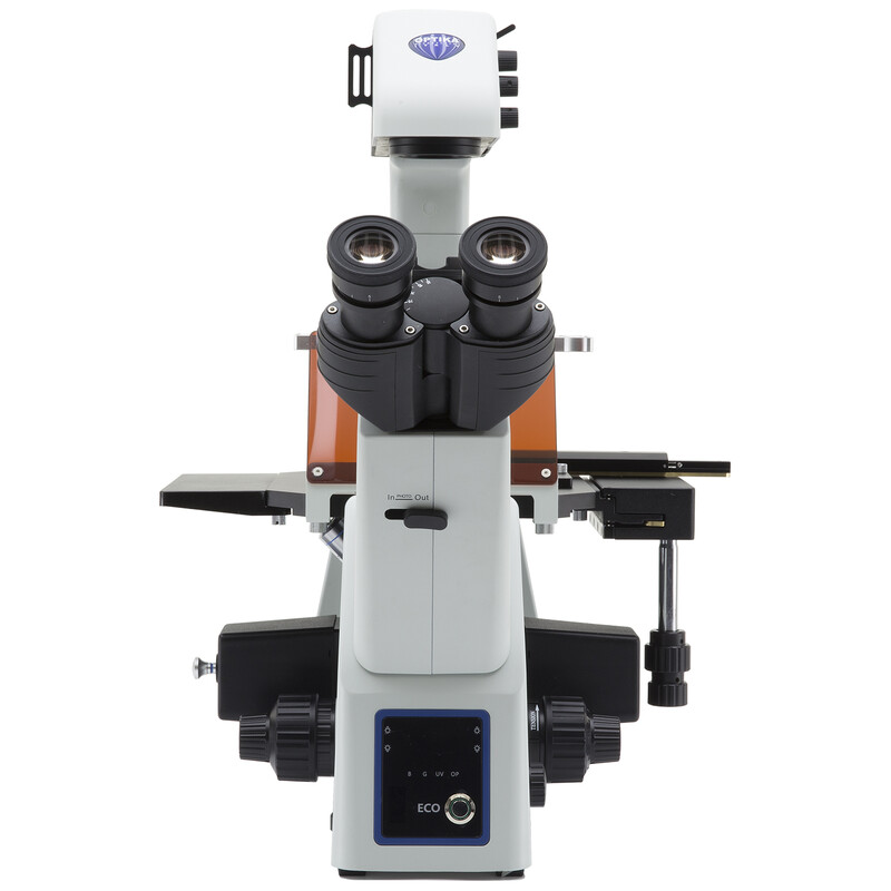 Optika Microscopio IM-5FLD-EU, trino, invertito, FL-LED, obiettivi w.o., UE
