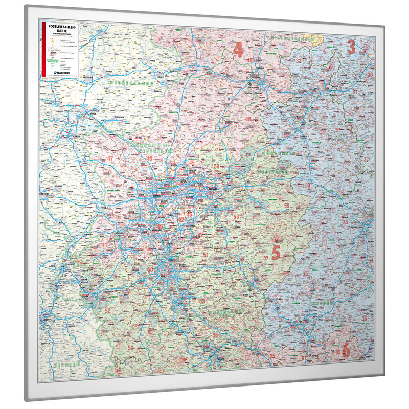 Bacher Verlag Mappa Regionale Renania settentrionale - Vestfalia con i codici postali (152 x 150 cm)