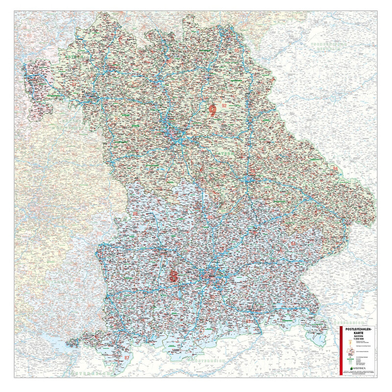 Kastanea Mappa Regionale Postleitzahlenkarte Bayern (110 x 112 cm)