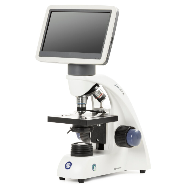 Euromex Microscopio MicroBlue, MB.1001-LCD, Schermo LCD da 5,6 pollici, Obiettivi Achr. 4/10/S40x, DIN 35mm perf., 40x - 400x, LED, 1W, Semplice tavolino portaoggetti