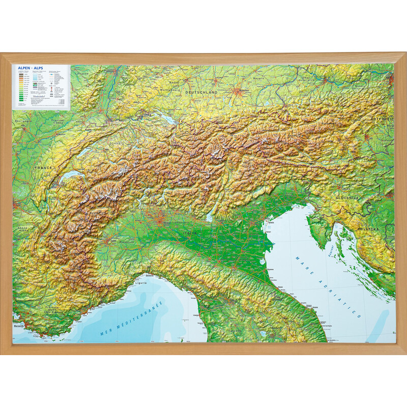 Georelief Mappa Regionale Arco alpino, carta in rilievo grande con cornice in legno (in tedesco)