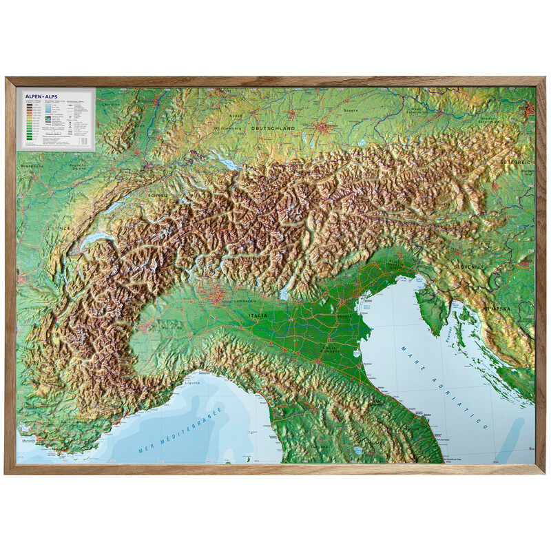 Georelief Mappa Regionale Arco alpino, carta in rilievo grande con cornice in legno (in tedesco)