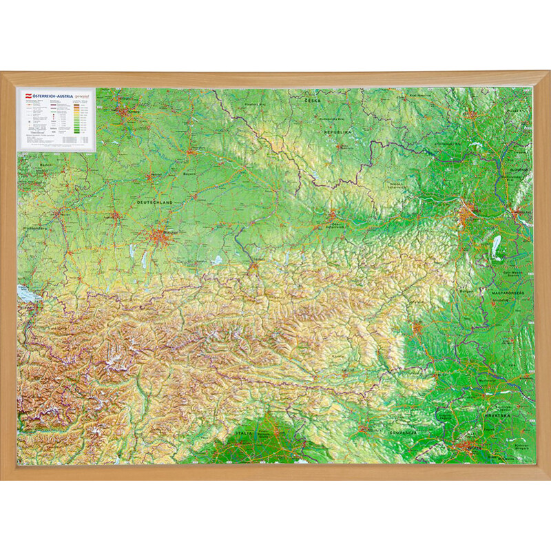 Georelief Mappa Austria, carta in rilievo grande con cornice in legno (in tedesco)