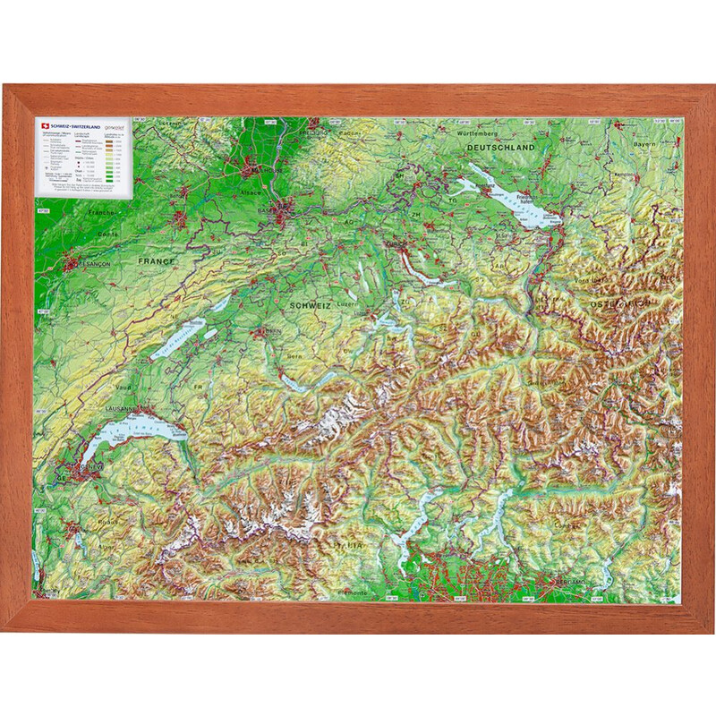 Georelief Svizzera (39x29) Mappa in rilievo 3D con cornice in legno