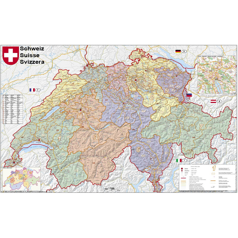 Stiefel Mappa Svizzera politica con codici postali (95 x 62 cm)