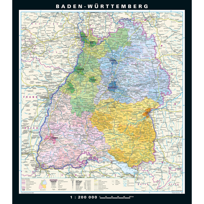 PONS Mappa Regionale Baden-Württemberg fisico e politico (148 x 168 cm)