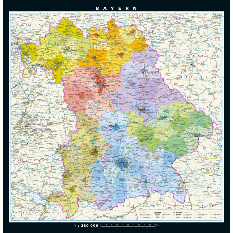 PONS Mappa Regionale Baviera fisica e politica (148 x 150 cm)