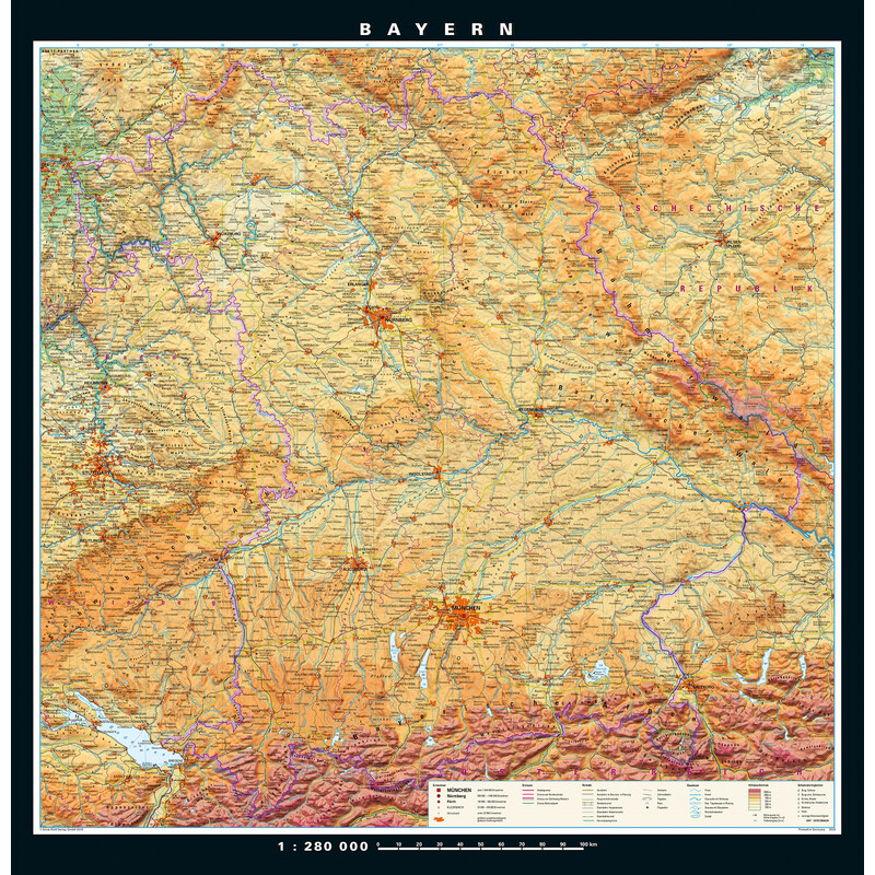 PONS Mappa Regionale Baviera fisica e politica (148 x 150 cm)