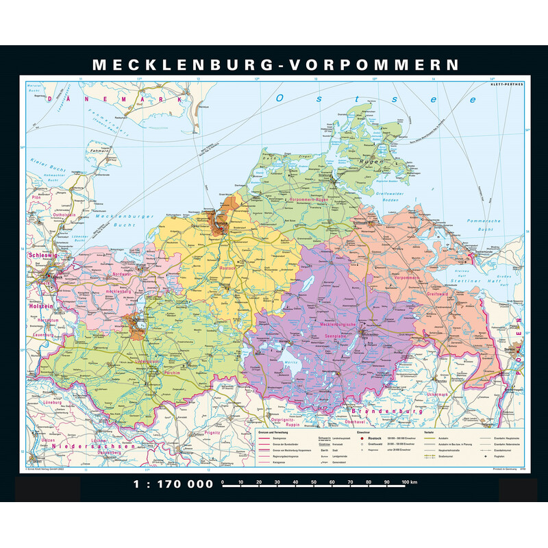 PONS Mappa Regionale Mecklenburg-Vorpommern fisico e politico (178 x 148 cm)