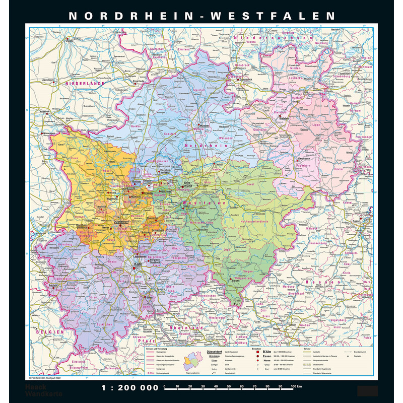 PONS Mappa Regionale Nordrhein-Westfalen physisch/politisch (148 x 155 cm)