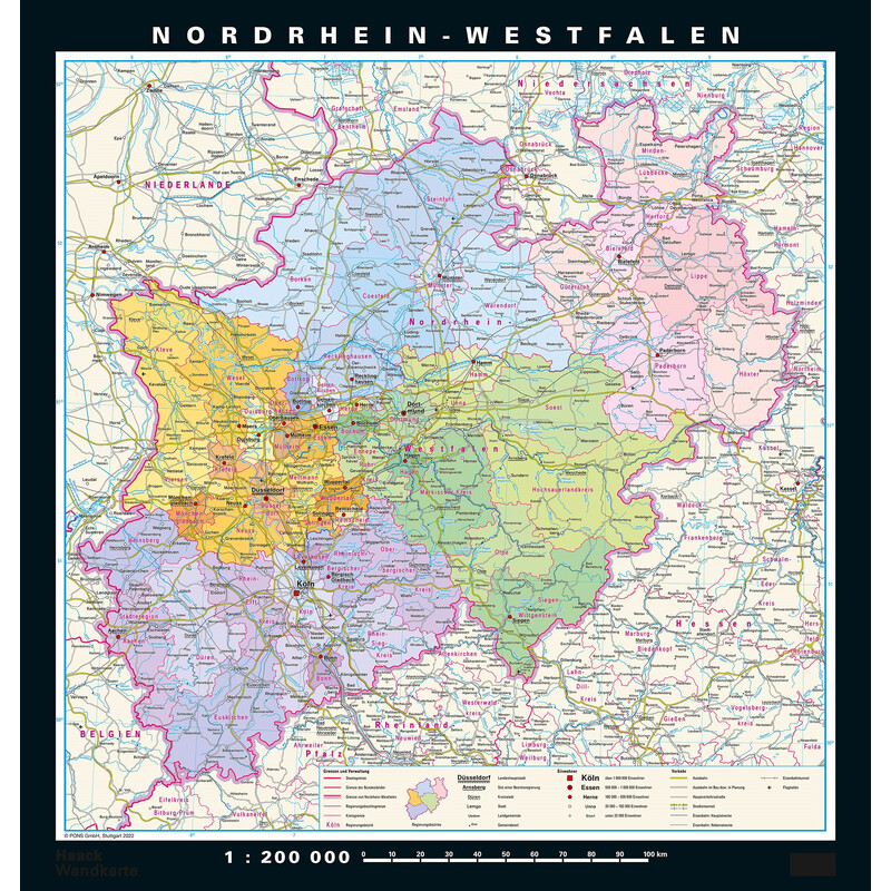 PONS Mappa Regionale Renania settentrionale - Vestfalia fisica e politica (148 x 155 cm)