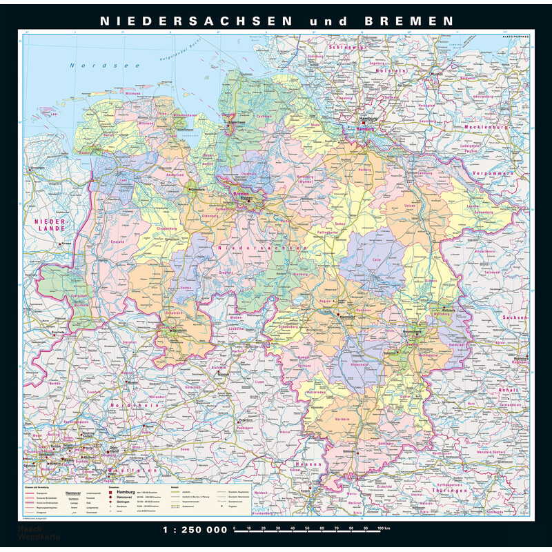 PONS Mappa Regionale Niedersachsen und Bremen physisch/politisch (148 x 150 cm)