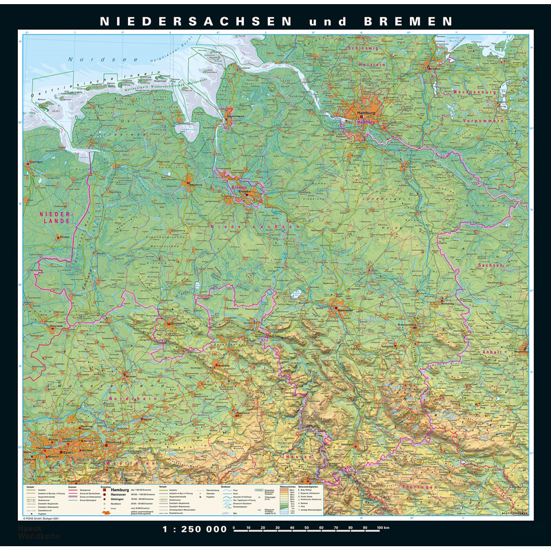 PONS Mappa Regionale Niedersachsen und Bremen physisch/politisch (148 x 150 cm)