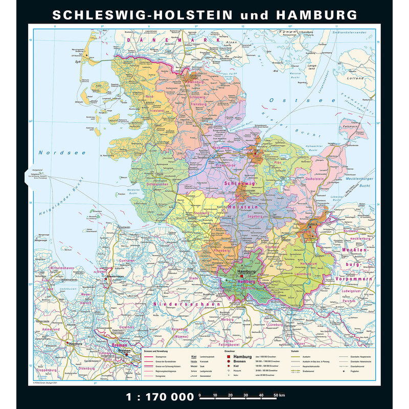 PONS Mappa Regionale Schleswig-Holstein e Amburgo fisico e politico (148 x 175 cm)