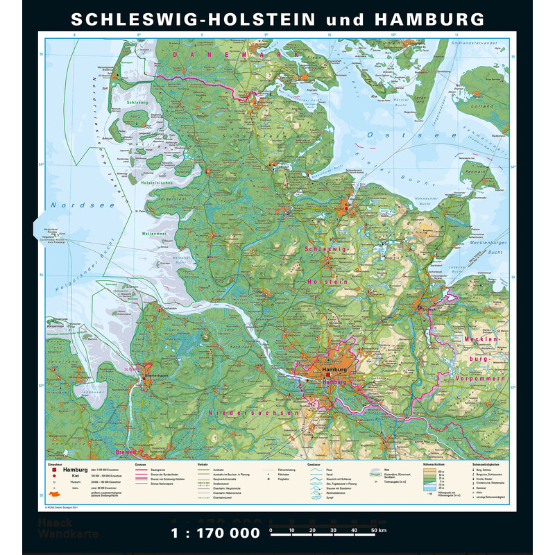 PONS Mappa Regionale Schleswig-Holstein e Amburgo fisico e politico (148 x 175 cm)