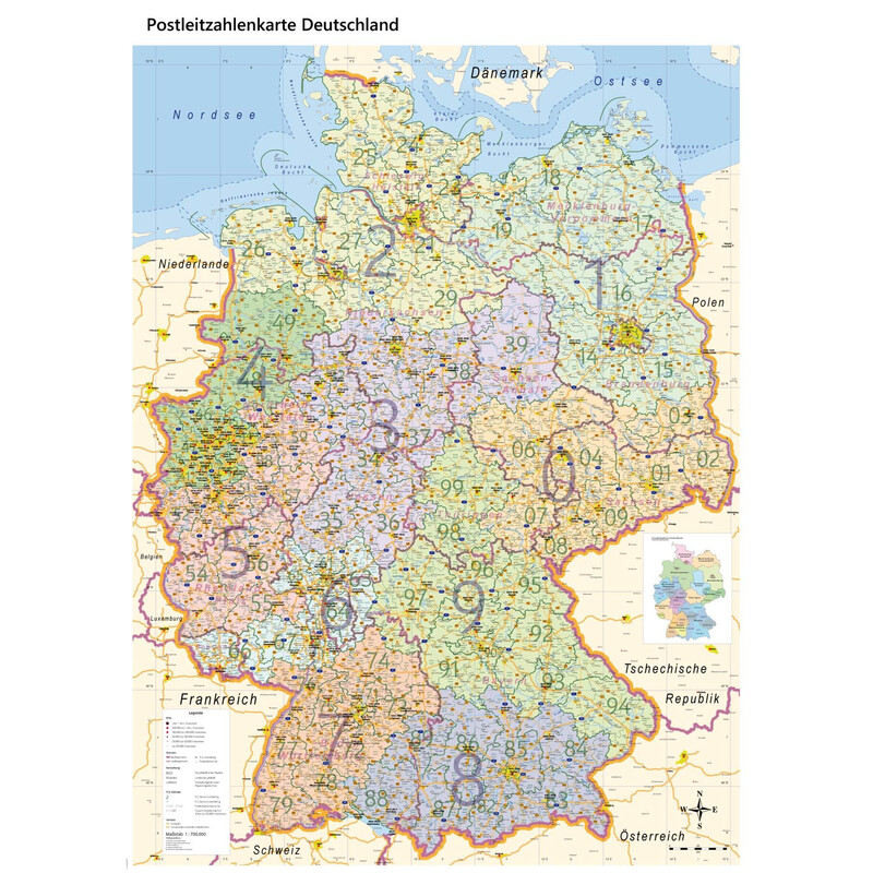 GeoMetro Mappa Deutschland politisch mit Postleitzahlen PLZ XL (100 x 140 cm)
