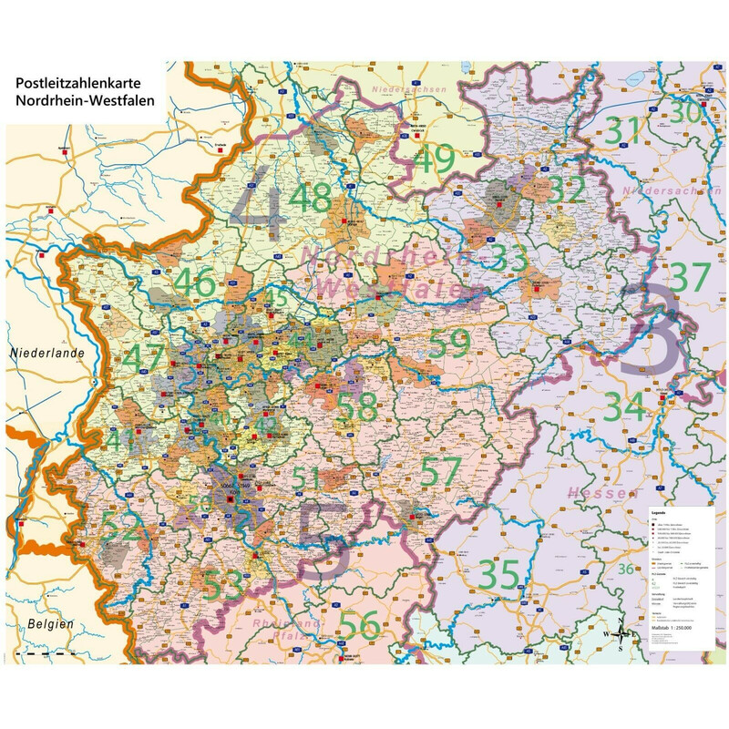 GeoMetro Mappa Regionale Nordrhein-Westfalen Postleitzahlen PLZ NRW (118 x 100 cm)