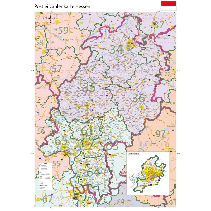 GeoMetro Mappa Regionale Hessen Postleitzahlen PLZ (100 x 140 cm)