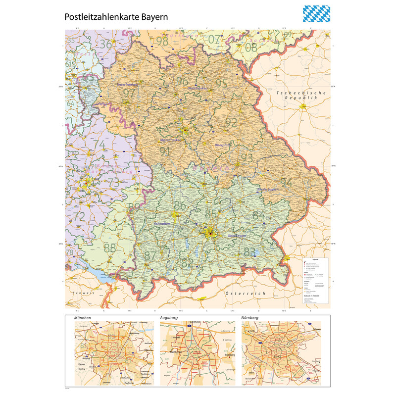GeoMetro Mappa Regionale Bayern Postleitzahlen PLZ (100 x 140 cm)