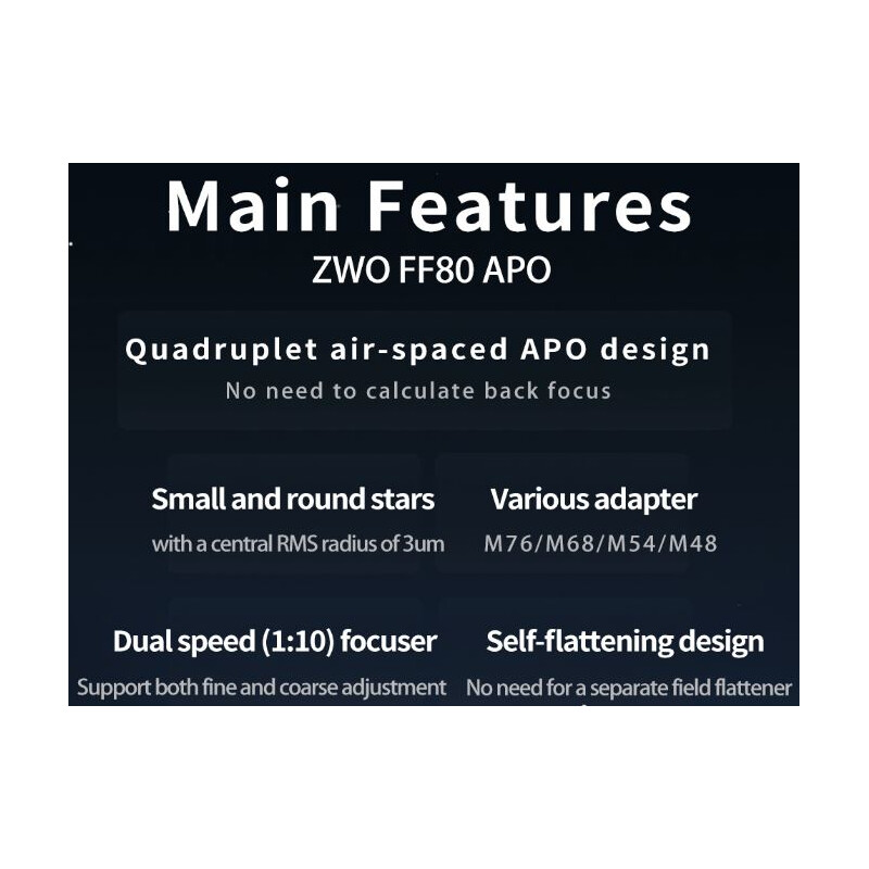 ZWO Rifrattore Apocromatico FF80 AP 80/600 Quadruplet OTA