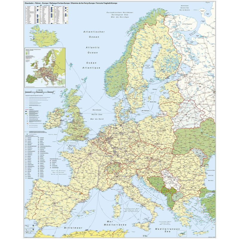 Stiefel Carta continentale Europa: Eisenbahn und Fähren (97 x 119 cm)