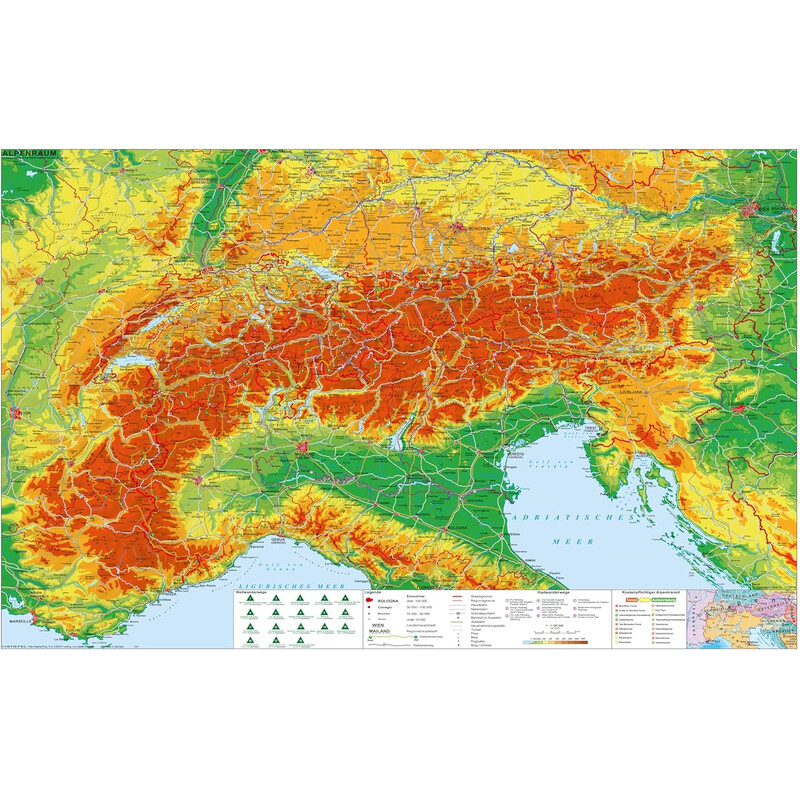 Stiefel Mappa Regionale Area alpina con sentieri escursionistici a lunga percorrenza e piste ciclabili (140 x 100 cm)