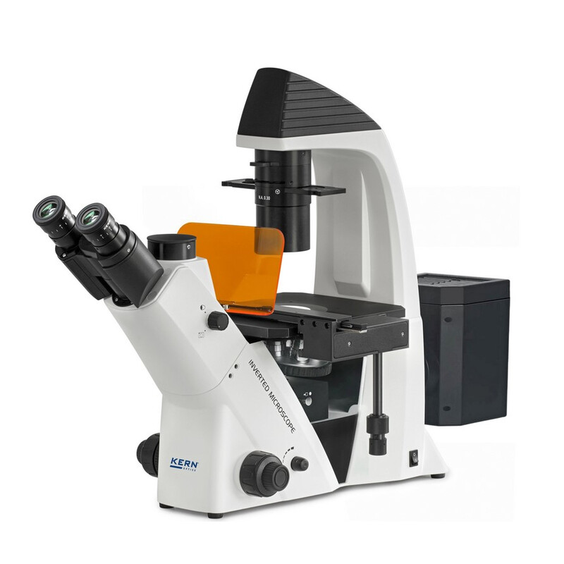 Kern Microscopio invertito OCM 166, FL, PH, trino, inverso, condensatore Abbe N.A. 0,3 fisso, 10x-40x, LED 30W, Al, 100W HBO, Dl